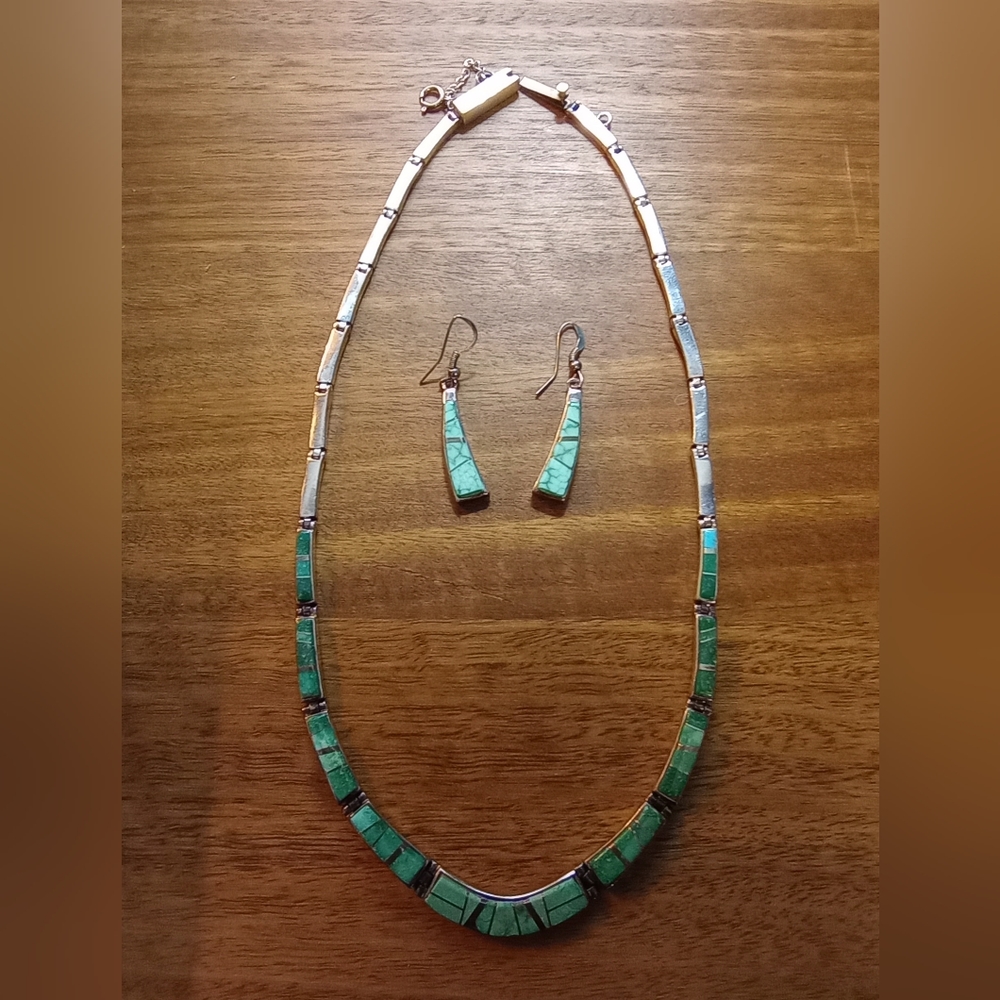 Zuni Silver and Sleeping Beauty Turquoise Inlay Pendant Necklace & Earrings
